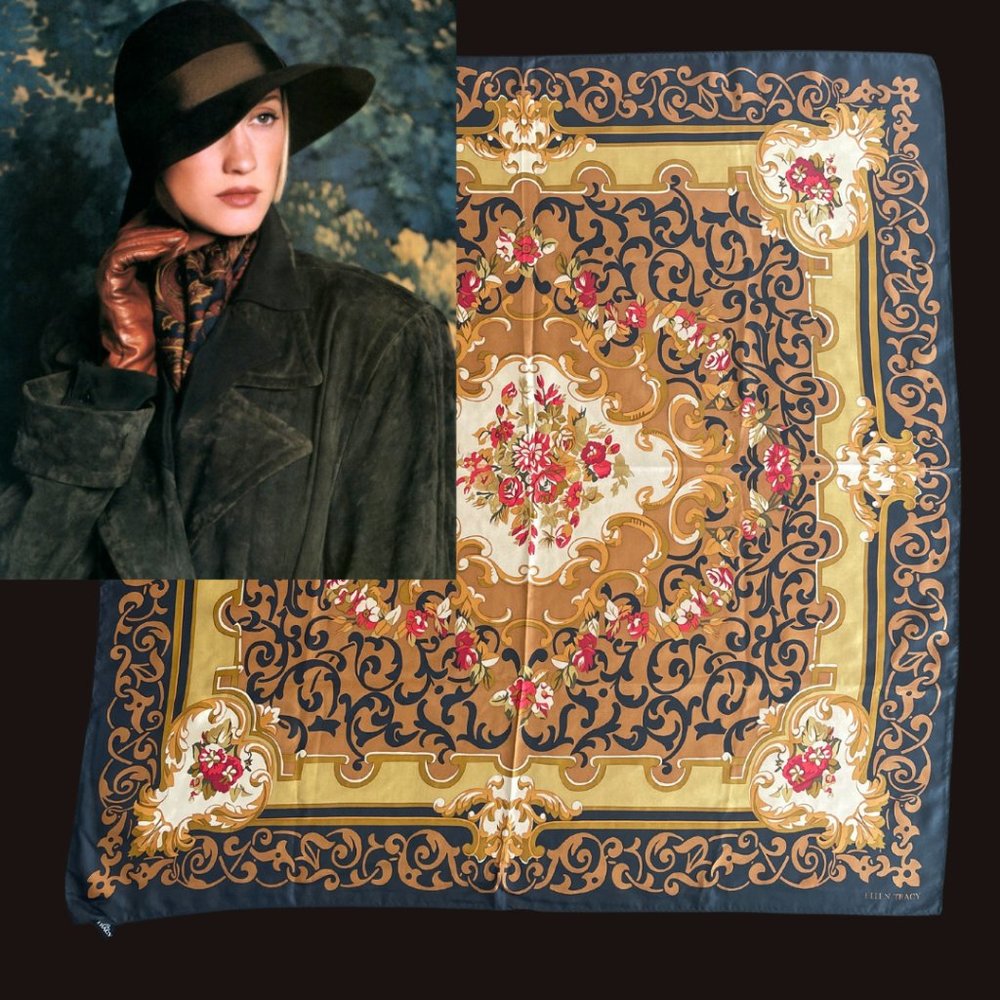 Exquisite Vintage Ellen Tracy 100% Silk Floral Pattern Scarf LG sz and Like New!